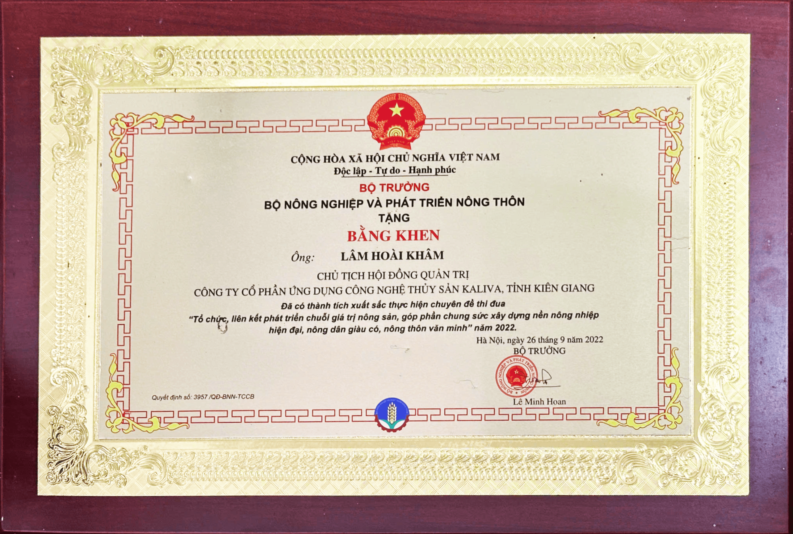 Bằng Khen của Bộ NN&PTNT năm 2022